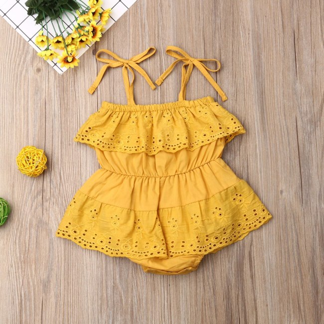 Newborn Baby Girl Clothes Solid Color Off Shoulder Sling Flower Ruffle Romper Jumpsuit One-Piece Outfit Cotton Sunsuit