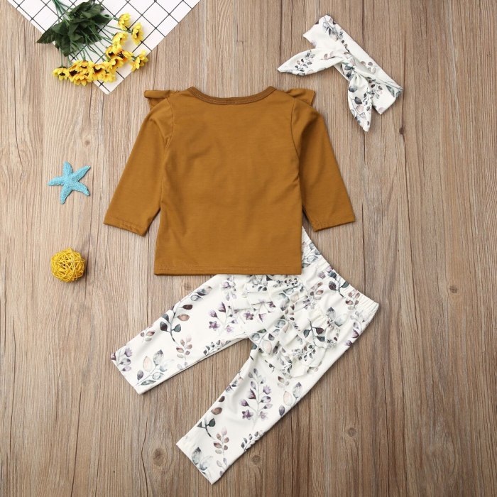 Autumn Winter Newborn Baby Girl Clothes Solid Color Ruffle T-Shirt Tops Flower Print Long Pants Headband 3Pcs Outfits