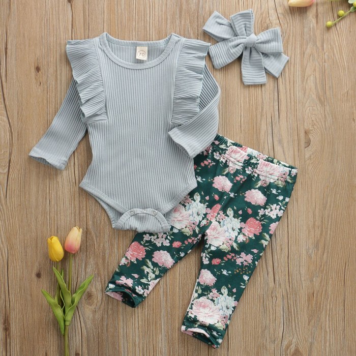 Newborn Baby Girl Clothes Solid Color Knitted Cotton Romper Tops Flower Print Long Pants Headband 3Pcs Outfits Clothes