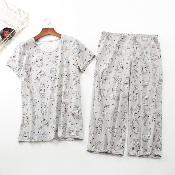 Cotton Pajamas Set Short Sleeve T-shirt Long Pants 2 Piece Set