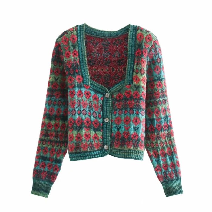 Vintage Green Jacquard Cropped Knitted Cardigan Sweater