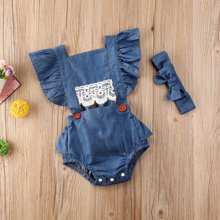 Newborn Baby Girl Clothes Solid Color Sleeveless Ruffle Lace Flower Denim Romper Jumpsuit Headband 2Pcs Outfits Sunsuit