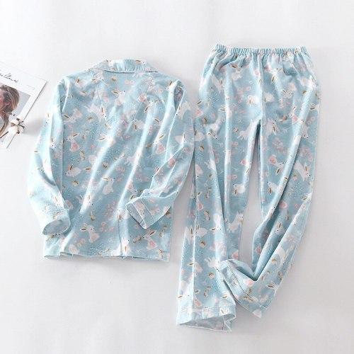 Pure Cotton Pajamas Set WomenCartoon Bunny Print Female Winter Sleepwear