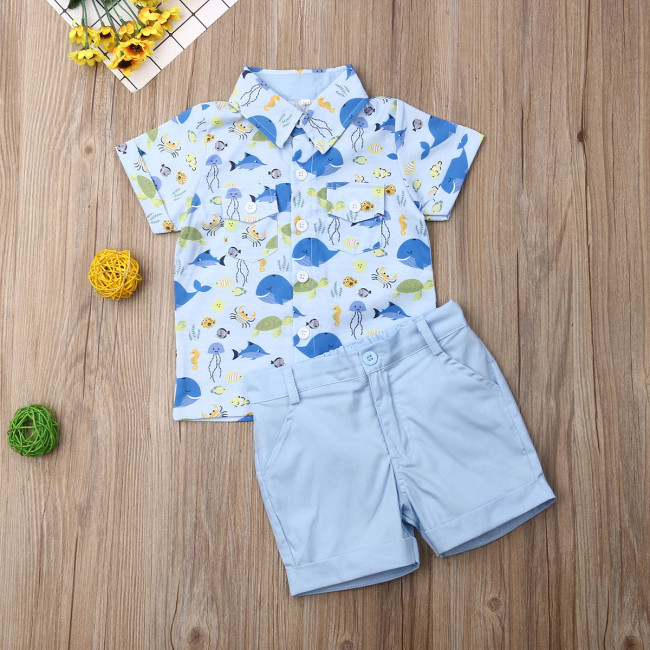 Summer Toddler Baby Boy Clothes Marine Organism Print Shirt Tops Short Pants 2Pcs Outfits Gentleman Formal Clothes