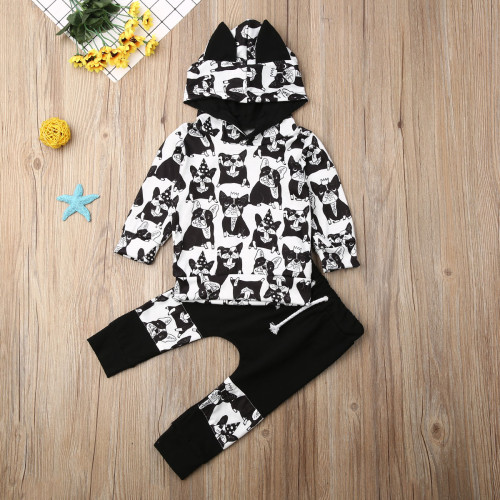 Newborn Baby Boy Clothes Cartoon Animals Print Long Sleeve Hooded Tops Long Pants 2Pcs Outfits Cotton Clothes Sweatshirt