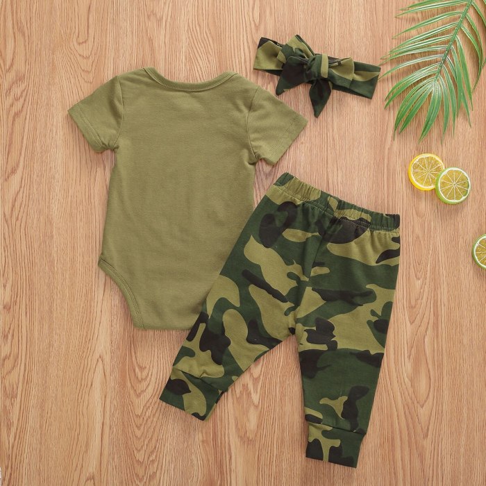 Newborn Summer Letter Print Short Sleeve Romper Tops Camouflage Print Pants Headband 3Pcs Outfits