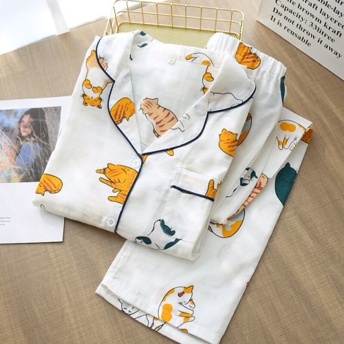 Cotton Set Women Sweet Funny Cat Print Long Sleeves Sleepwear