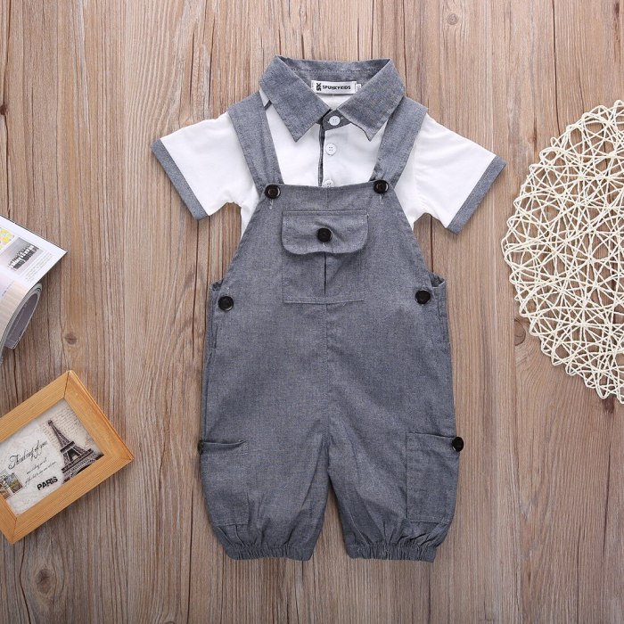 Newborn Baby Boy Clothes Solid Color Short Sleeve T-Shirt Tops Strap Long Pants 2Pcs Set