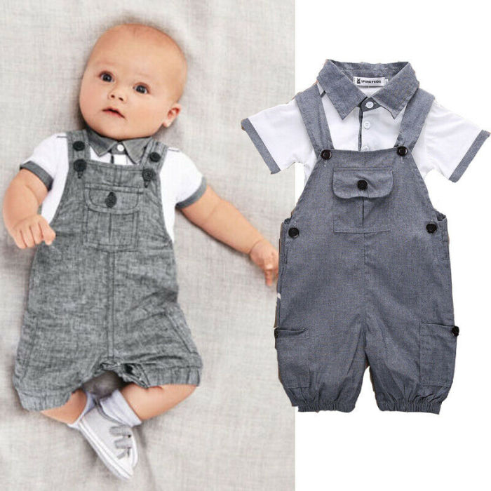 Newborn Baby Boy Clothes Solid Color Short Sleeve T-Shirt Tops Strap Long Pants 2Pcs Set