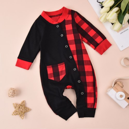 Newborn Baby Clothes Long Sleeve Jumpsuit Autumn Fashion Plaid Stitching Snap Open One Piece Romper
