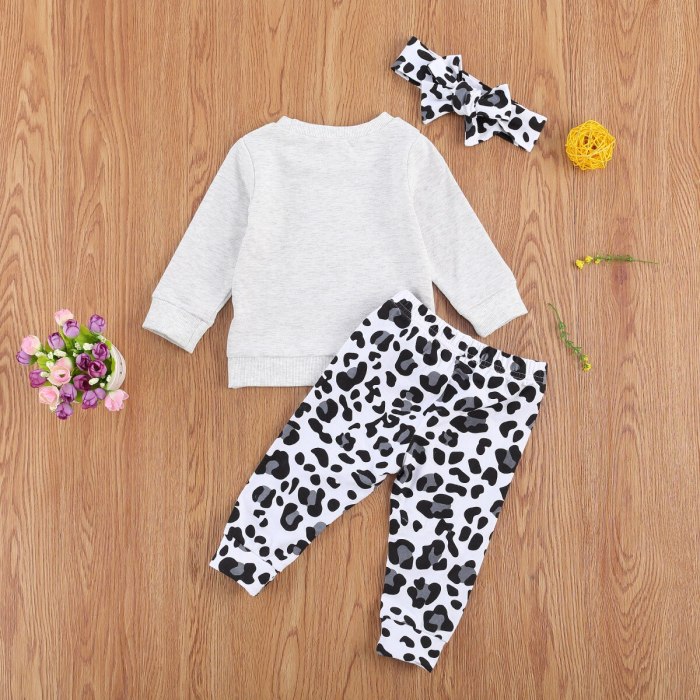 Newborn Baby Girl Clothes Letter Printed Sweatshirt Leopard Print Long Pants Headband 3Pcs Outfits Autumn Clothes Set