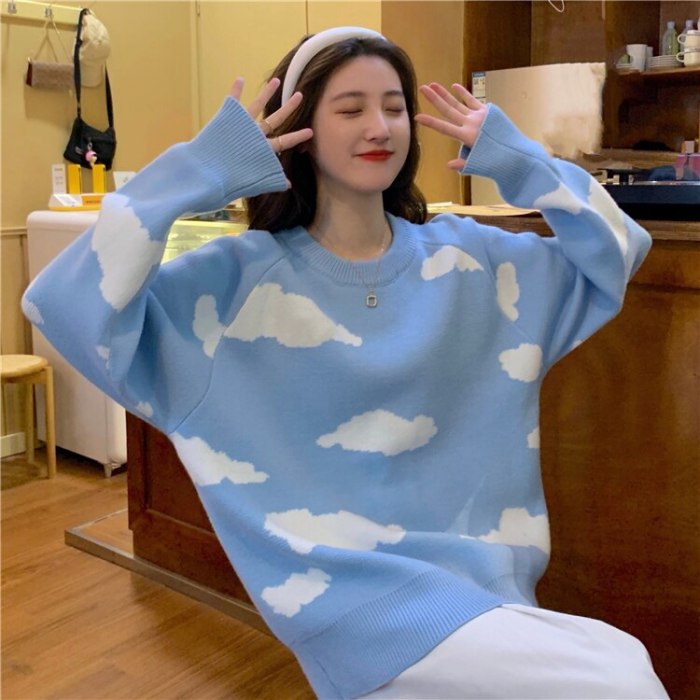 Korean Cartoon Cloud Women Sweater Chic Causal Oversized Knitted Pullover Tops 2020 Autumn New Pull Jumpers 6B805