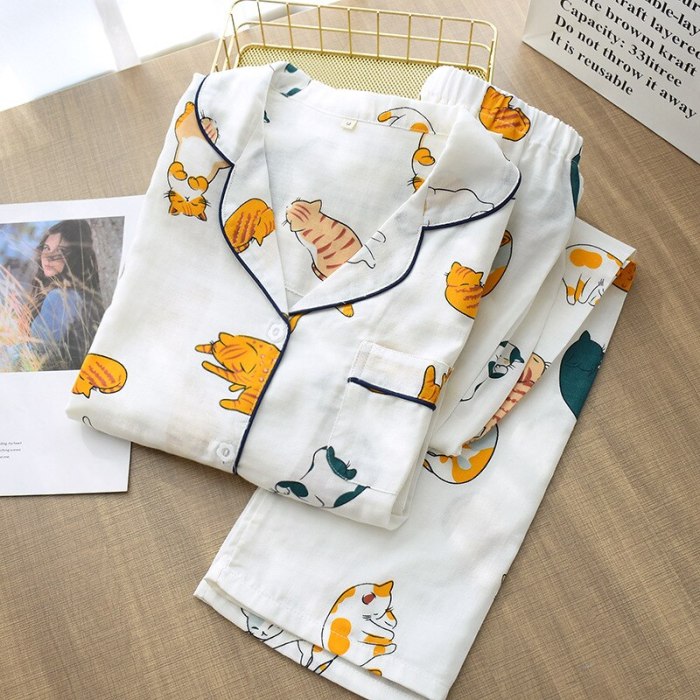 Cotton Set Women Sweet Funny Cat Print Long Sleeves Sleepwear