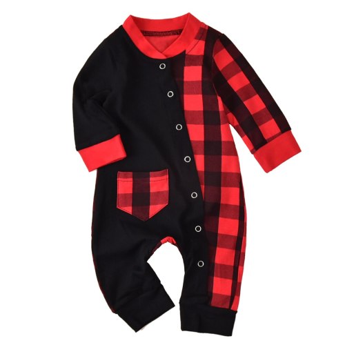 Newborn Baby Clothes Long Sleeve Jumpsuit Autumn Fashion Plaid Stitching Snap Open One Piece Romper
