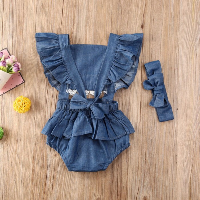 Newborn Baby Girl Clothes Solid Color Sleeveless Ruffle Lace Flower Denim Romper Jumpsuit Headband 2Pcs Outfits Sunsuit