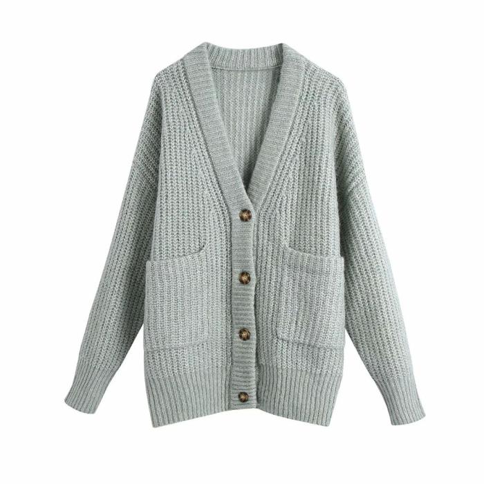 Autumn Winter Women Knit Patch Pockets V-Neckline Buttons Chic Sweater