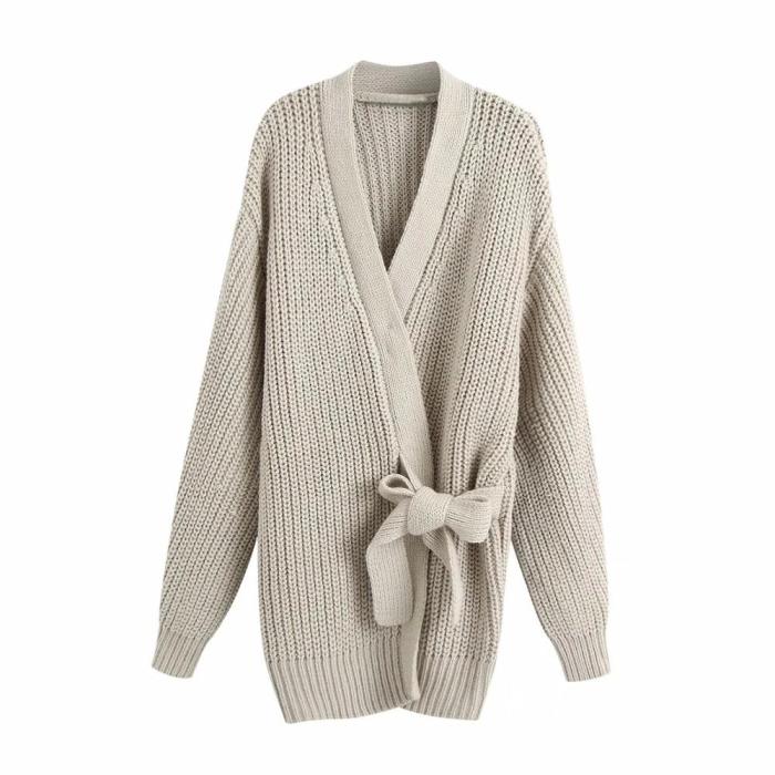 New Women Knit Cardigan V-neckline Long Sleeves Wrap Closure Long Sweater
