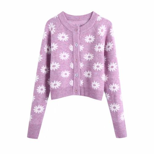 New Autumn Winter Women Floral Knit Cardigan flower-shaped buttons Long Sleeves O-Neck Cropped Chic Sweater Tops