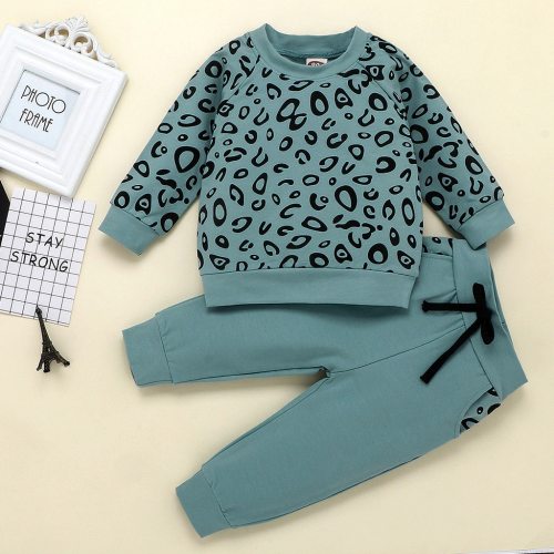 Kids Baby Girls Boys Long Sleeve Sets Outfits Leopard Print T-shirt Sweater Coat Tops Pants Toddler Girls Boys Sets Outfits
