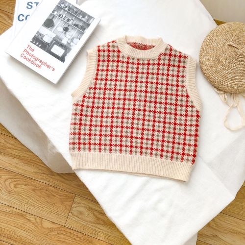 2020 New Arrival Korean style all-match cotton plaid knnited sleeveless vest sweater for cute sweet baby girls