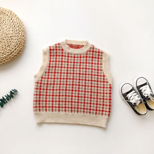 2020 New Arrival Korean style all-match cotton plaid knnited sleeveless vest sweater for cute sweet baby girls