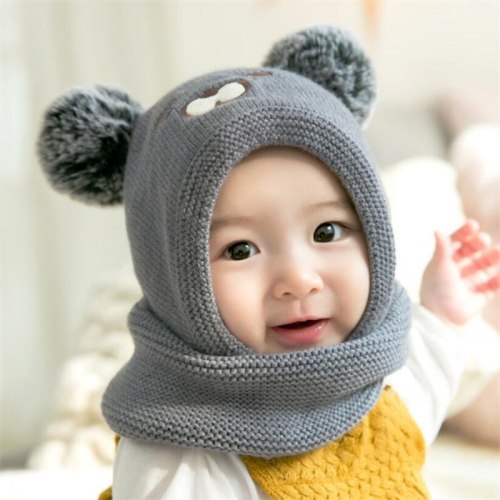 Baby Knit Short Plush  Hooded Scarf Kid Hat And Scarf Child Winter Warm Protection Pom Cap