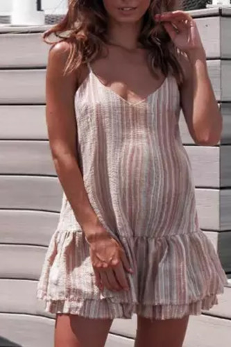 Maternity Colored Vertical Stripes Ruffled Strap Dress