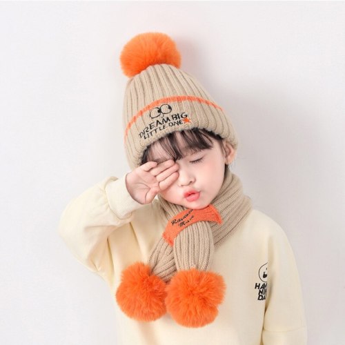 Toddlers Kids Hat and Scarf Set Girls Warm Cable Knit Letters Embroidery Pom Set