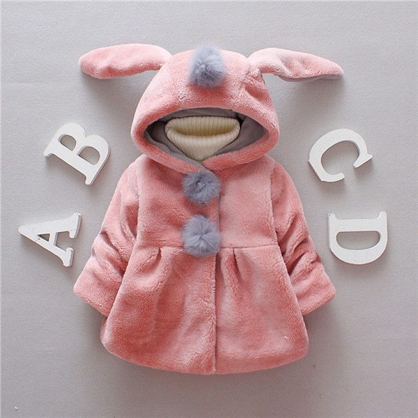 Lovely Baby Girls Jacket with Rabbit Ear Cap Solid Long Sleeve Button-up Coat Children Outerwear