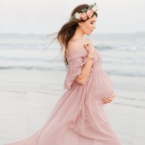 Women Maternity Dress Pleated Shoulder Short Sleeve Dress Photo Photography Dress Long Skirt Pink