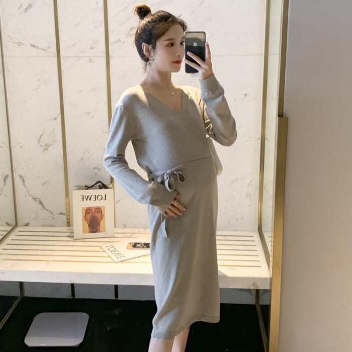 Autumn Winter Thick Knitted Maternity Dress V neck Ties Waist Straight Loose Dress Clothes for Pregnant Women Pregnancy