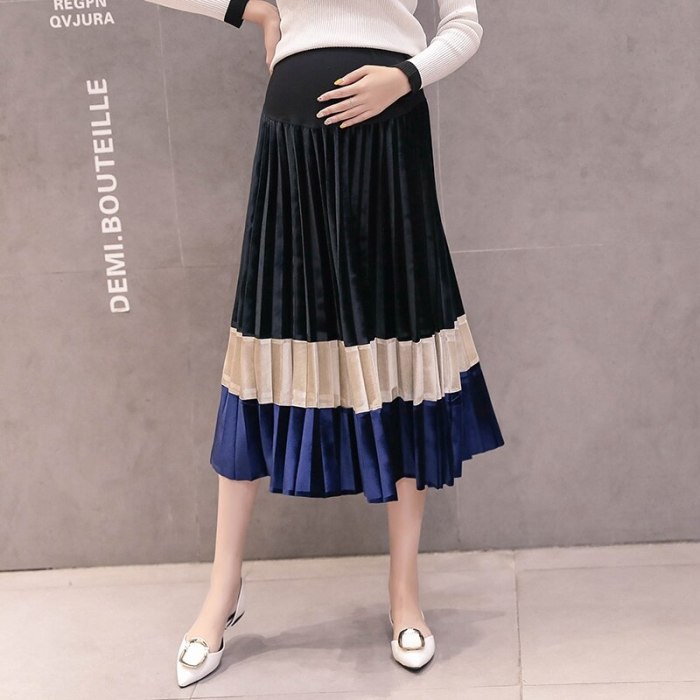 New Korean version of spring and autumn pregnant women stomach lift pleated rainbow velvet skirt pregnancy skirt