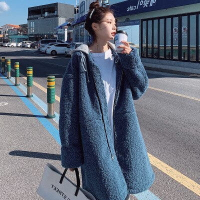 New Autumn Winter Faux Fur Coat Women Clothes Korean Casual Long-sleeved Lamb Wool Jacket Plus Size Loose Hooded Long Coat