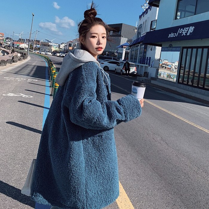 New Autumn Winter Faux Fur Coat Women Clothes Korean Casual Long-sleeved Lamb Wool Jacket Plus Size Loose Hooded Long Coat