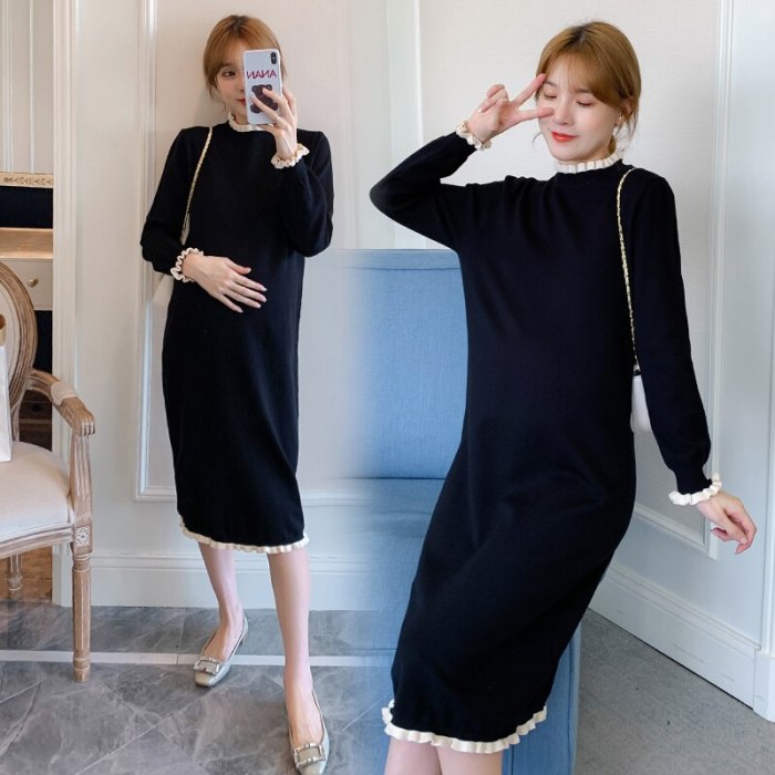 Autumn Black Knitted Maternity Long Dress Elegant Slim Korean Fashion Pregnancy Dress