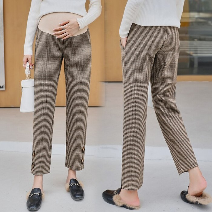 Autumn Winter Plaid Woolen Maternity Pants Belly Straight Pants Clothes for Pregnant Women Pregnancy Casual Trousers