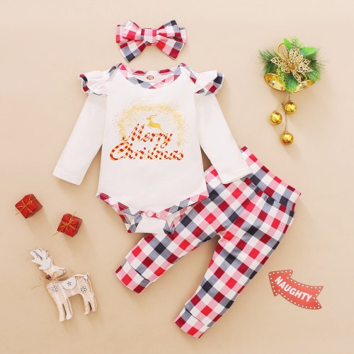 Fashion Christmas Clothes Newborn Infant Baby Christmas Ruffle Print Romper Bodysuit+plaid Pants Set