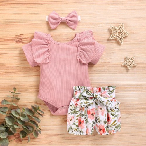 Girl Summer Clothes Sets Infant Baby Girls Solid Frill Romper+Floral Print Shorts+Headband Outfit