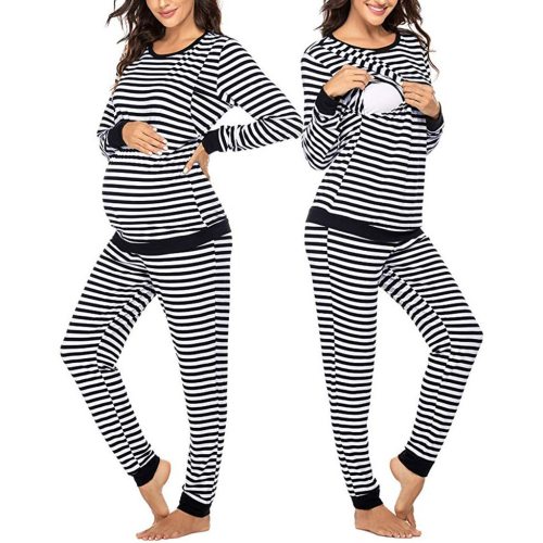 Maternity Long Sleeve Nursing T-shirt Tops+Striped Pants Pajamas Set Suit
