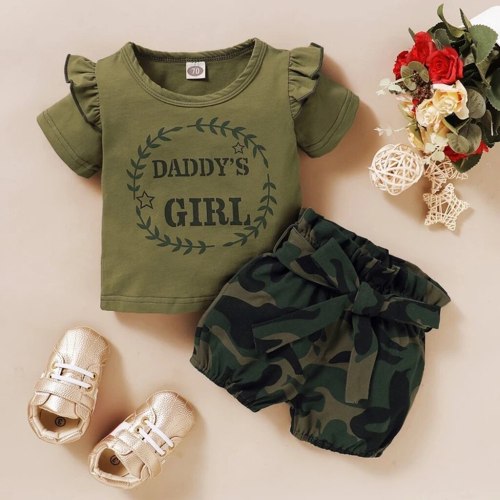 Newborn Baby Girl Short Sleeve Letter Daddy's Girl Print T-shirt Top+camouflage Shorts Set Girls Summer Outfits