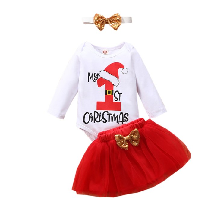 My First Christmas Newborn Baby Girls Clothes Christmas Cartoon Long Sleeve Romper +bowknot Tulle Skirt Set