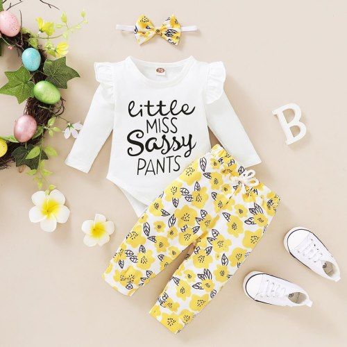 Baby Girl Clothes Autumn Toddler Baby Girls Letter Print Romper Bodysuit+floral Pants +headband Set