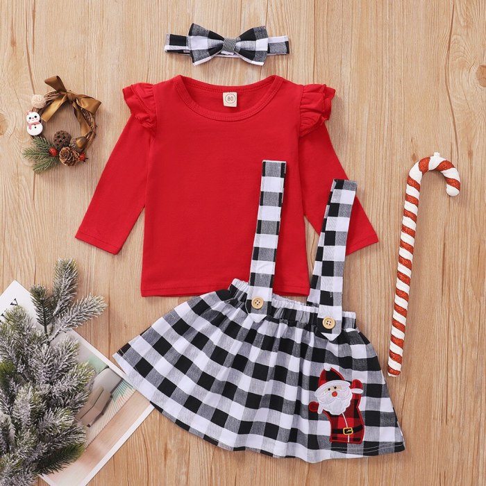 6m-4t Girls Christmas Clothes Toddler Baby Girl Ruffle Long Sleeve Tops+plaid Christmas Santa Suspender Skirts Outfits