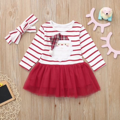 Infant Baby Kids Girls Long Sleeve Cartoon Santa Christmas XMAS Striped Tutu Tulle Dress Hairband Sets Toddler Fashion Outfit