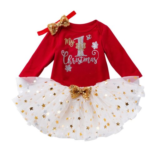 Toddler Girl Fall Boutique Clothes 2020 Christmas Day Long-sleeved Tops Net Yarn Star Romper Tutu Dress
