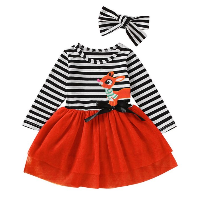 Toddler Christmas Outfits Baby Girls Christmas Deer Striped Print Tulle Dress+Headband Outfits Romper
