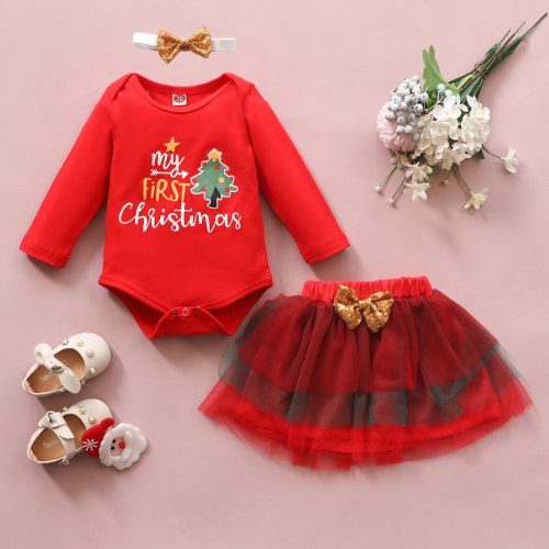Newborn Baby Girls Clothes Christmas Cartoon Romper Bodysuit+bowknot Tulle Skirt Set My First Christmas Romper
