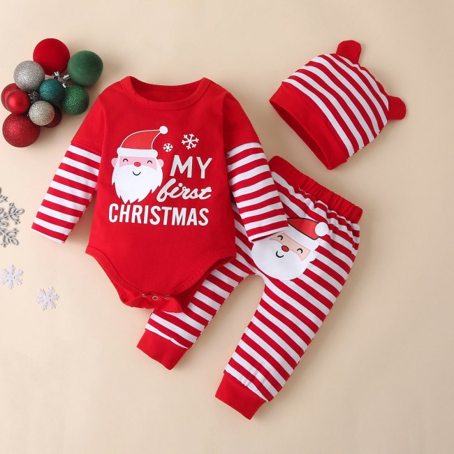 My First Christmas Newborn Baby Christmas Cartoon Print Patchwork Romper +striped Pants Set 3-24m Baby Clothes