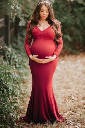 Pregnancy Sexy Lace V Neck Long Sleeve Maternity Dress  Photoshoot Gowns