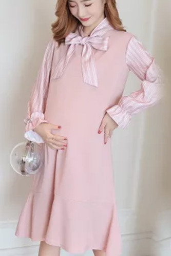 Pregnant dress winter Long-sleeved pregnant woman ruffles pink maternity mermaid dress